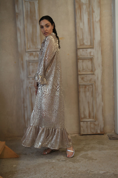 Loose fit pink-silver animal effect long dress. This stunning ensemble features a gathered neck, frill trim, and ruffled sleeves