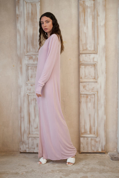 Pink C neck and front slit maxi dress in straight line