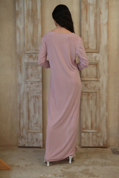 Pink C neck and front slit maxi dress in straight line